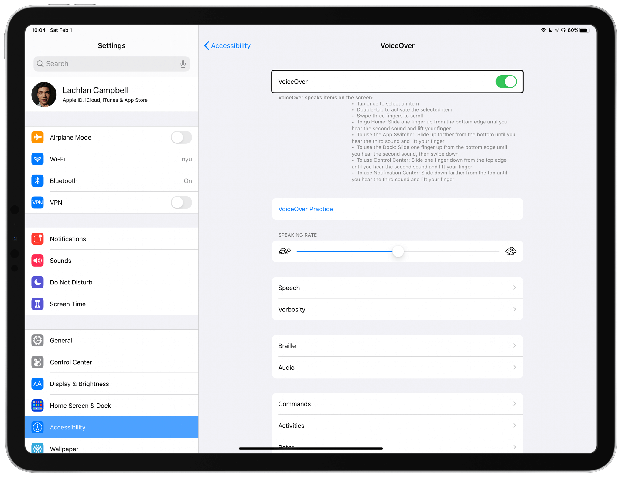 Turning on VoiceOver on iPad